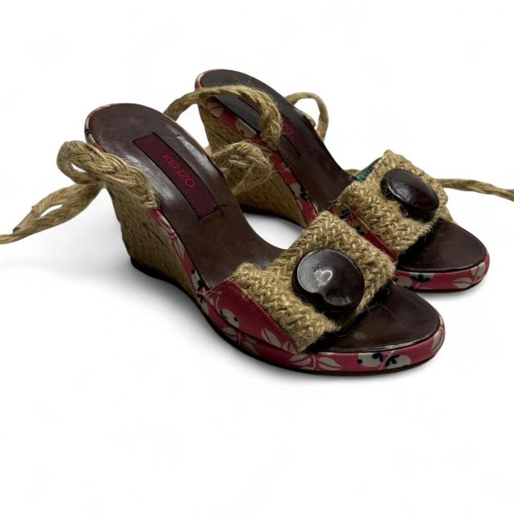 Kenzo multicoloured wedge sandals jute straps and wooden buttons size 6 (36)